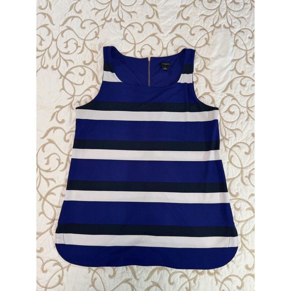 Ann Taylor Womens S Striped Sleeveless Blouse Blue Navy White Back Zip Tunic